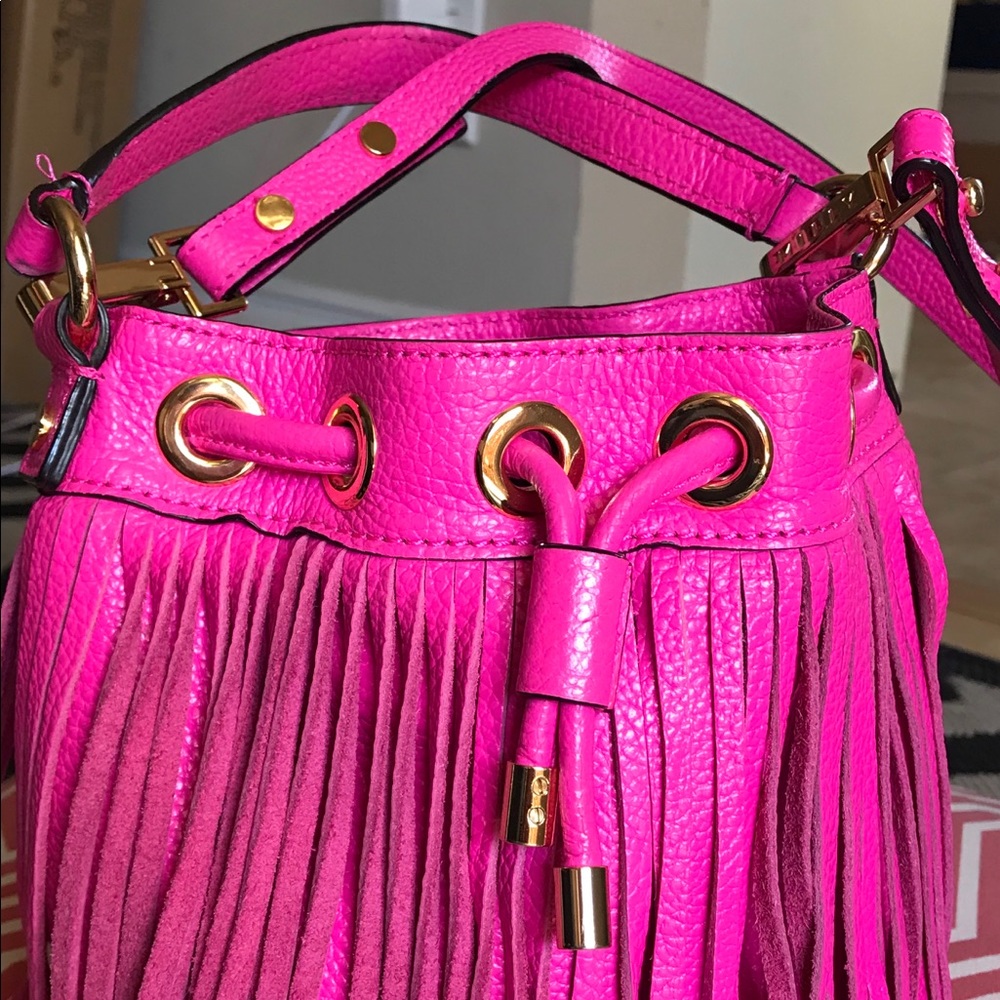 Hot Pink MILLY leather bucket fringe bag